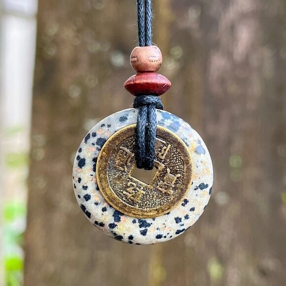 Dalmatian Jasper and Lucky Coin Pendant Handmade - Picture 1 of 5